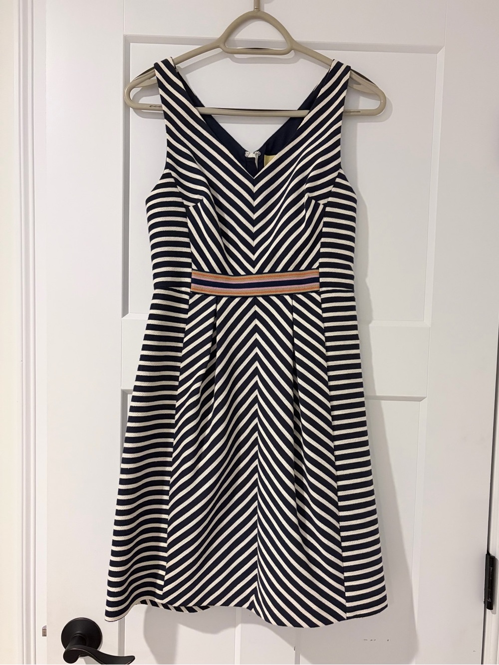 Maeve Navy and White Striped Midi Dress with Waistband